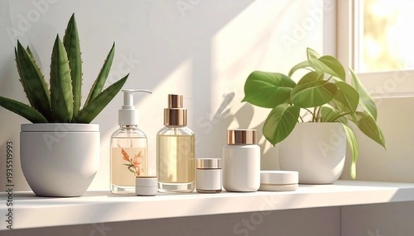 Obraz 柔らかな自然光が差し込む明るい窓辺の白い棚に観葉植物とともにナチュラルスキンケアコスメが整列した引きの絵
