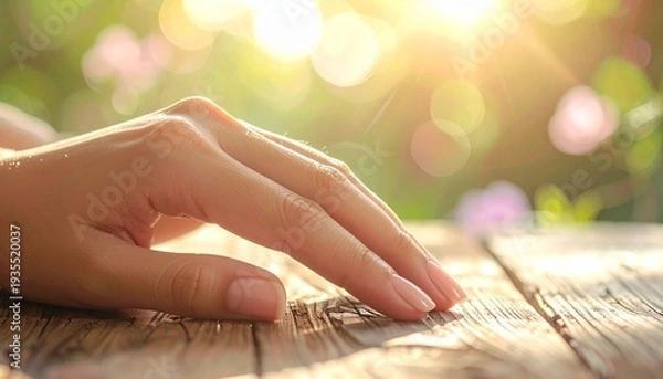 Obraz 木製テーブルの上に置かれた自然光を受けた女性の美しい手のクローズアップでナチュラルなネイルを際立てた写真