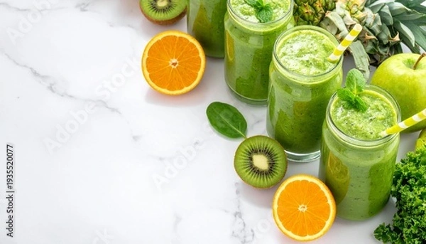 Obraz 白い大理石テーブルの右側にグリーンスムージーのグラスとキウイ・オレンジ・ほうれん草・パイナップルを並べた左コピースペース付き俯瞰写真