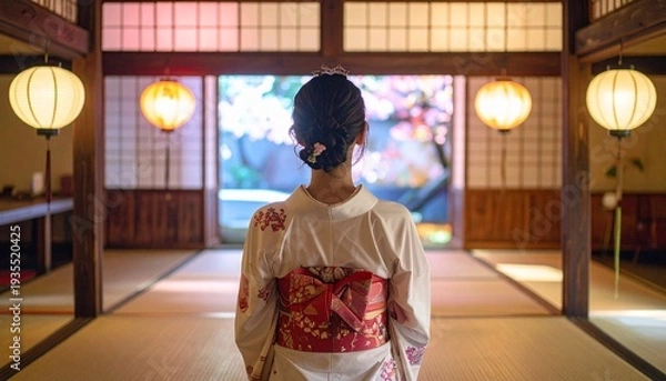 Obraz 伝統的な和室で振り袖着物を着た女性が障子窓を背に提灯の暖かな光の中に立つ後ろ姿の情緒豊かな引きの絵