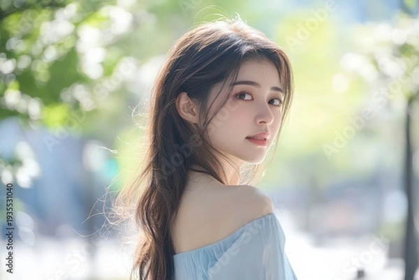 Obraz 屋外で微笑む女性の横顔