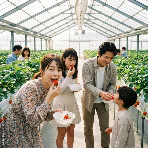 Obraz イチゴ狩を楽しむ笑顔の家族