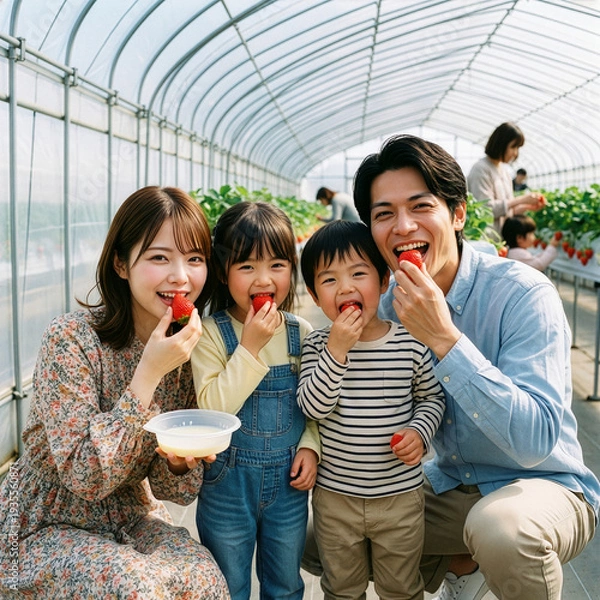 Obraz イチゴ狩を楽しむ笑顔の家族