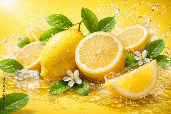 Obraz みずみずしいレモンと果汁が弾ける爽快スプラッシュ、氷と水滴、フレッシュな葉が映える黄色背景のシトラス広告ビジュアル