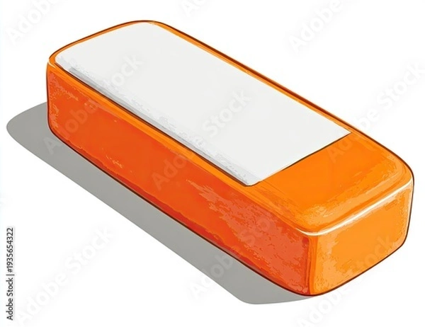 Fototapeta Orange rectangular object with a white top, casting a shadow on a white background
