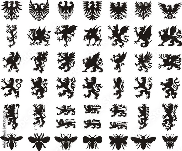 Obraz  Heraldic elements set: eagle, dragon, lion, bee