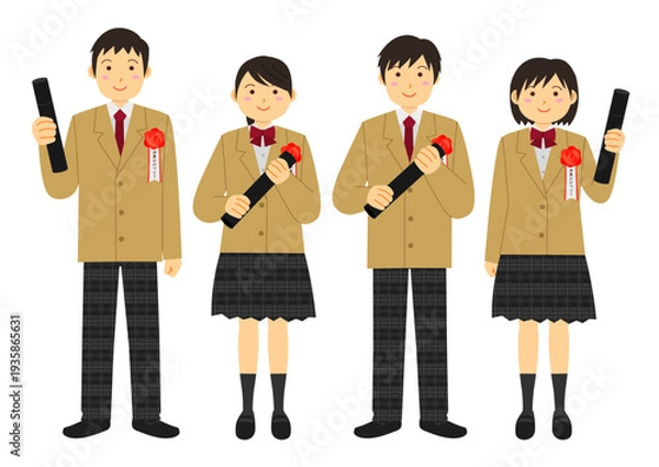 Obraz 卒業式をイメージした卒業証書を持つ制服を着た学生のイラストのセット_ベージュ