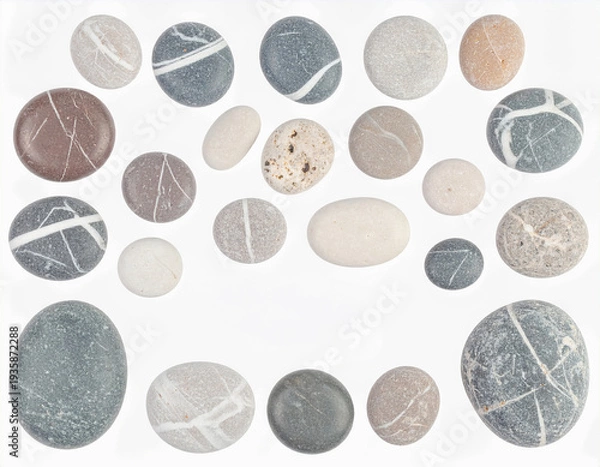Obraz 돌-조약돌-자갈-스톤-몽돌-메세지 공간-틀-프레임-흩어 배치한-흰색 배경