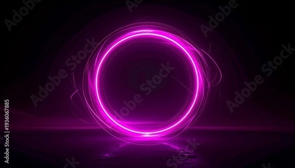 Obraz ダークで滑らかなグラデーション背景にマゼンタネオンリングが発光する未来的抽象背景。
中心のエネルギーハローからモーションストリークが広がりスピード感を演出。
高コントラストの光とネオン発光がサイバーなテクノロジー空間を表現。