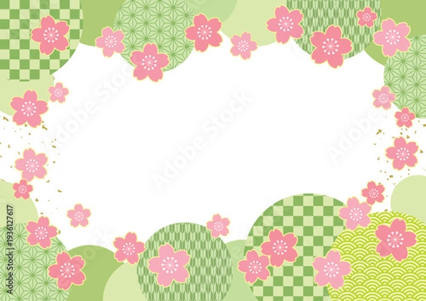 Obraz 桜の花と和柄サークルの春らしい和風フレームポストカード/グリーン