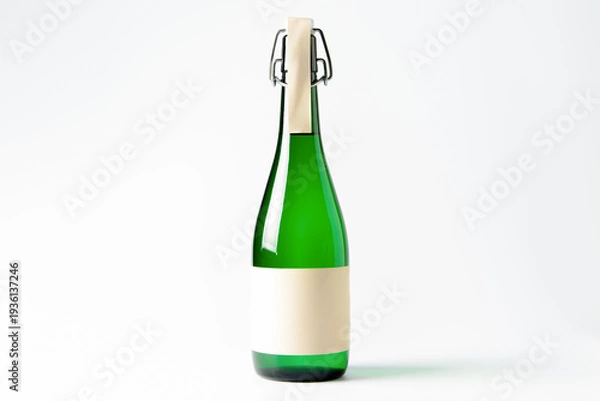 Obraz 白背景に立つグリーンのガラス瓶（スイングトップボトル）のクローズアップ