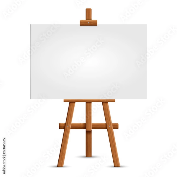 Fototapeta Blank art board and realistic wooden easel. Wooden Brown  Easel with Mock Up Empty Blank Square Canvas Isolated on white background. Vector illustration..