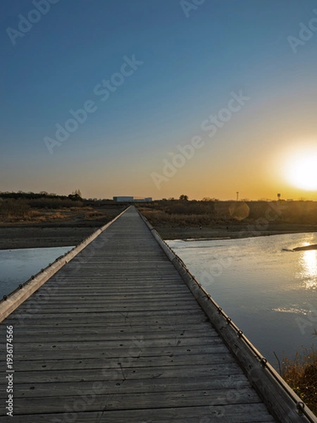 Obraz 黄金に染まる帰路。夕陽が描く流れ橋の叙情