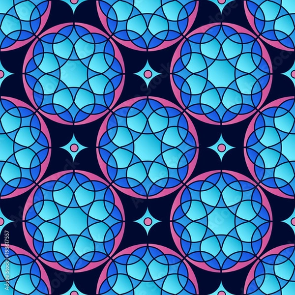 Fototapeta Vector seamless patern with ancient geometry circle ornates. Simple mandala in blue and pink colors