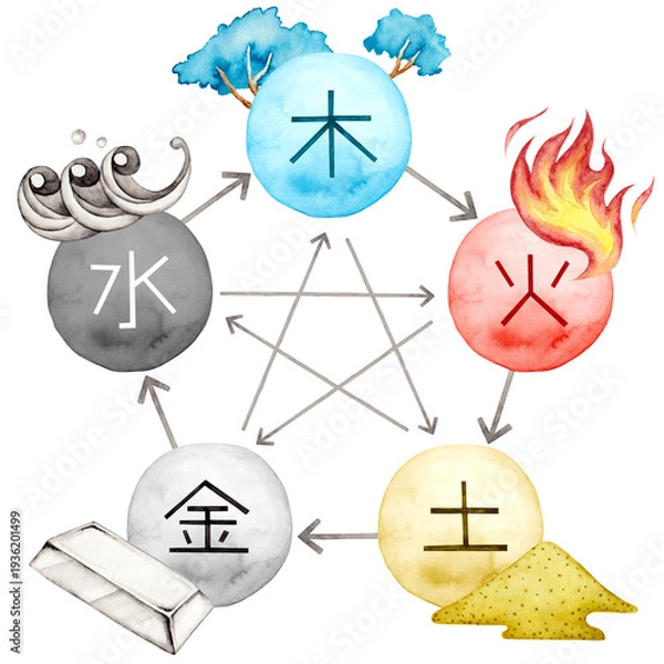 Obraz 東洋医学　陰陽五行説の文字と属性入り相関図　水彩 イラスト