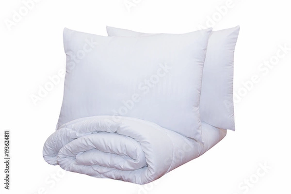 Obraz Roll of soft white blankets and white pillows isolated on white background