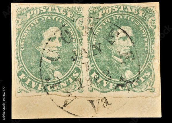 Fototapeta First Confederate stamps, Jefferson Davis, 1862. Clipping path.