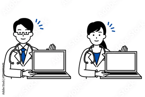 Obraz ノートパソコンの画面を見せる医師の男女　セット