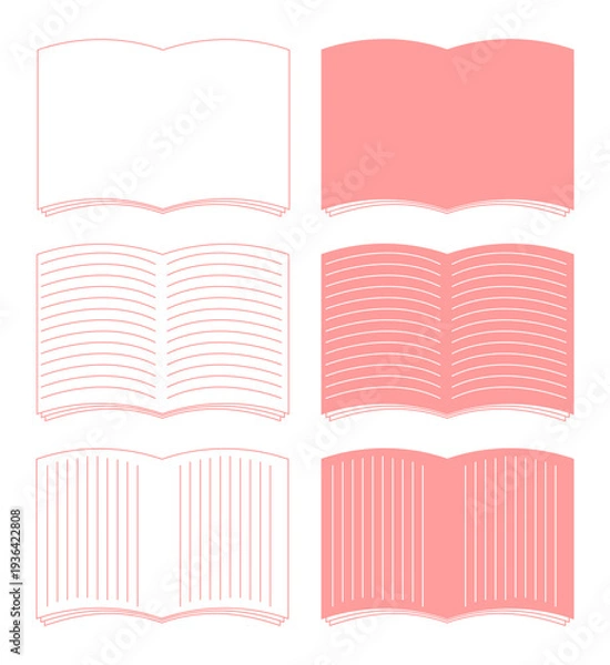 Obraz 読書記録や日記・ピンク色の開いた本とノートのアイコンセット・学習や読書のイメージ・見開きページと罫線