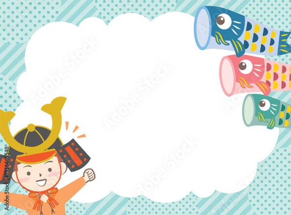 Obraz 兜を被った男の子と鯉のぼりのフレーム　こどもの日
