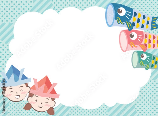 Obraz 兜を被った子供たちと鯉のぼりのフレーム　こどもの日