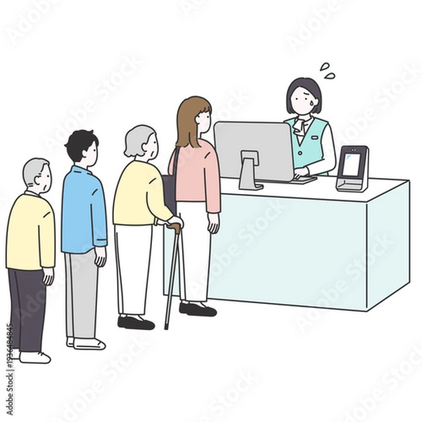 Obraz 医療受付で手続きに手間取り混雑している様子のイラスト