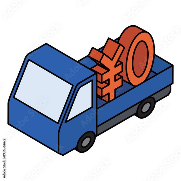 Obraz ￥0ロゴを運ぶトラックのアイソメトリックイラスト