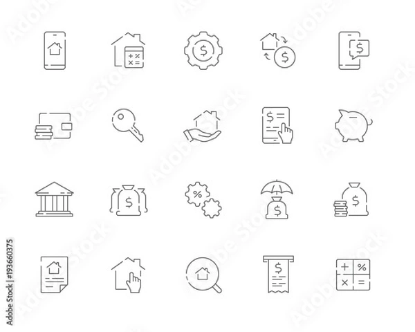 Fototapeta Simple set of Mortgage related vector line web icons. Contains such Icons as Bank, Property, Calculator, Money and more.