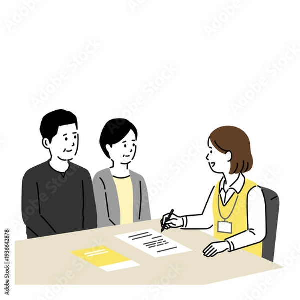 Obraz 介護サービスの相談をする中年共働き夫婦のイラスト。ケアマネジャーの面談 書類説明と申込手続き