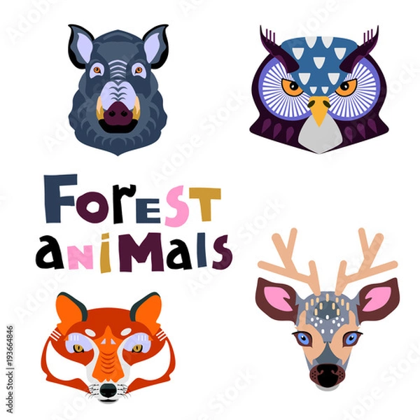 Fototapeta Collection of forest animals. Animal portrait set with flat design.