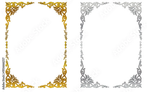 Obraz 植物モチーフの金と銀のグラデーションの手描き装飾枠セット。