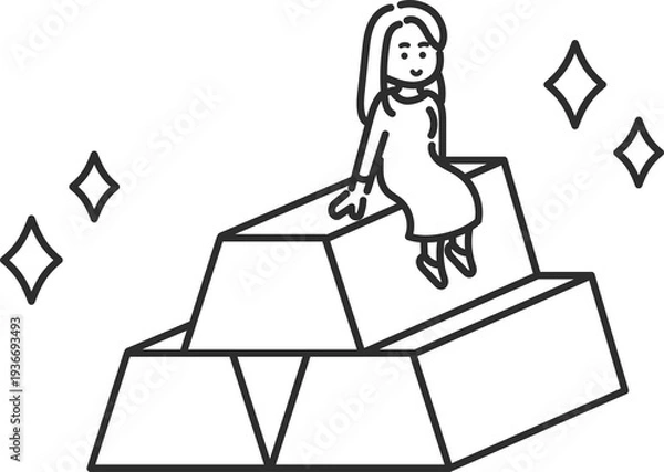 Obraz 金の延べ棒に座る女性のイラスト　線画のみ
