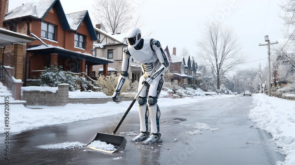 Fototapeta 雪の積もった住宅街の道を歩行サポートする二足歩行ロボット