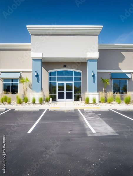 Fototapeta 青空の下に建つモダンな店舗の外観と広々とした駐車場