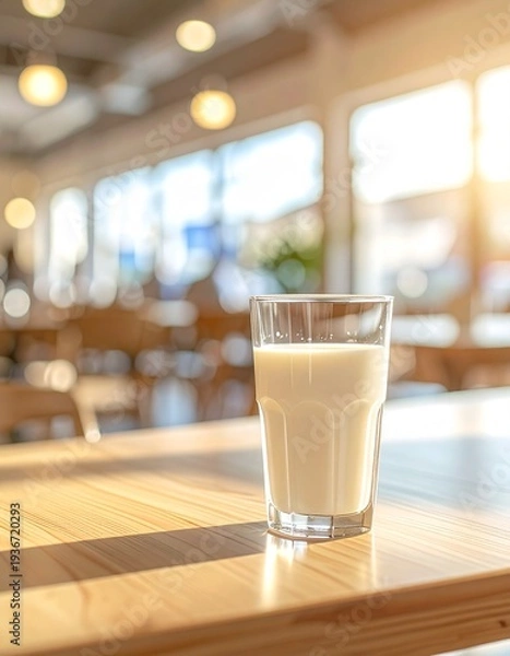 Obraz 木製テーブルのミルクグラス自然光ミニマルカフェシーン
