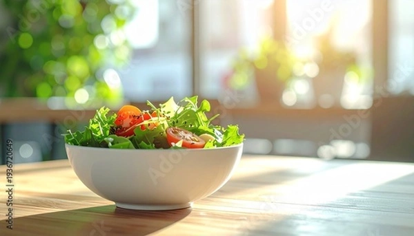 Obraz 木製テーブルのサラダボウル自然光ミニマルカフェフードシーン
