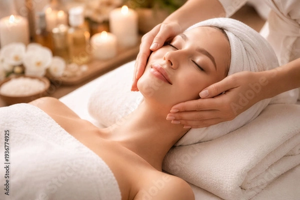 Obraz アロマキャンドルの灯りに包まれた上質スパでフェイシャルマッサージを受ける女性、リラクゼーションと美容ケアを象徴するエステ・サロン向けの高品質ビューティー素材
