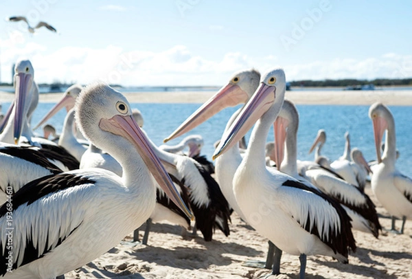 Obraz Busy time with pelicans
