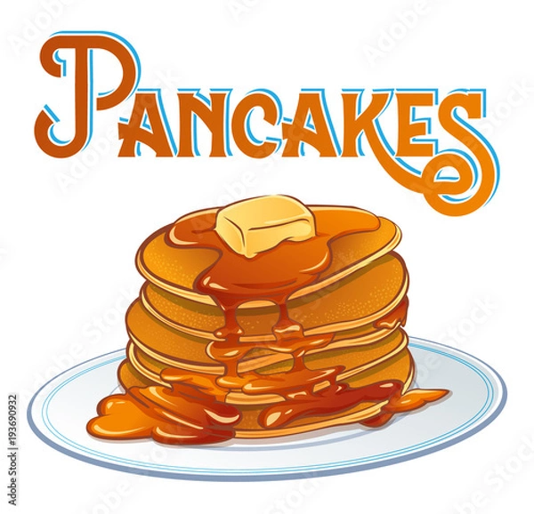 Fototapeta Pancakes. Vector illustration of pancakes portion on plate with butter slice and maple syrup.