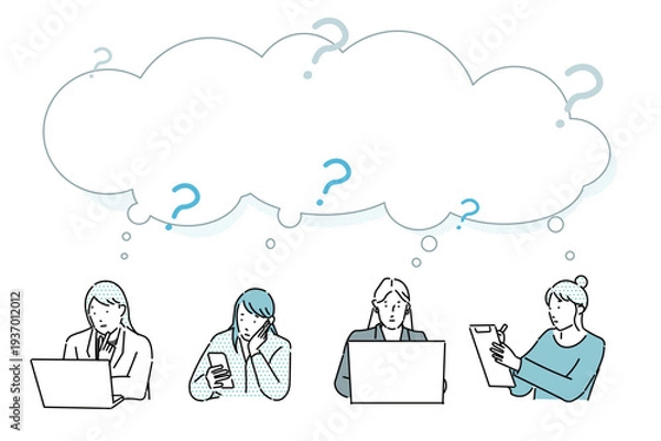 Obraz ビジネスパーソンー複数ー疑問ー上半身ー女性ー困ったー質問ーアイコンーシンプルベクターイラスト素材