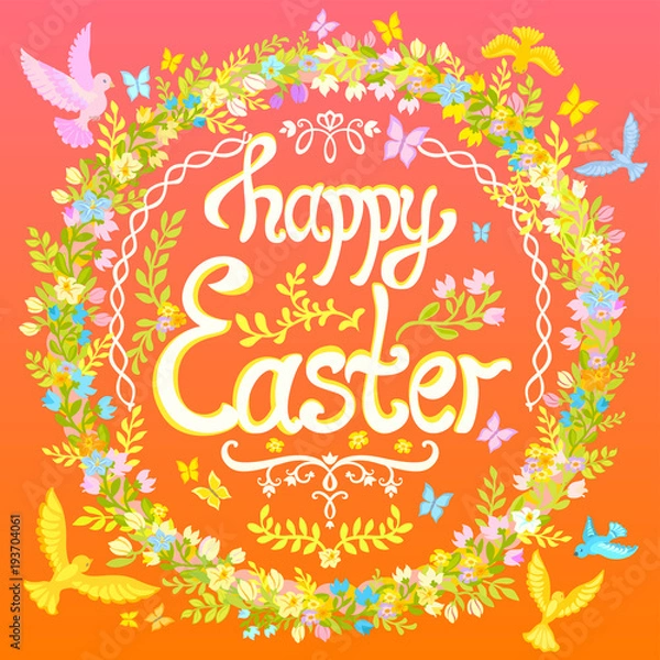 Obraz Happy Easter - circle with flowers and birds