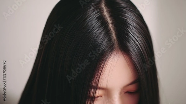 Obraz 美しい黒髪の女性の頭部アップ。ヘアケアや美容関連の素材に最適な写真。