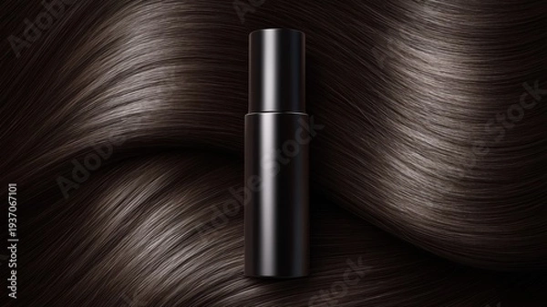 Obraz 光沢のある黒いヘアケアボトルと美しい髪の毛の質感。ヘアケア製品の広告や美容関連の素材。