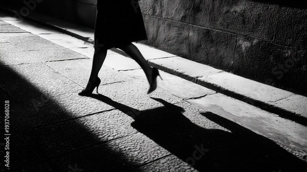Obraz ハイヒールを履いた女性の足元の影の写真。ファッションや都市の雰囲気を表現する素材