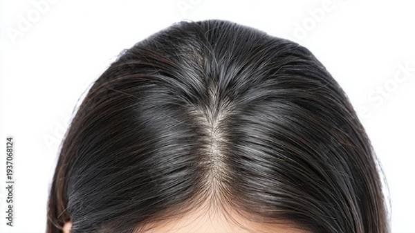 Obraz 黒髪の頭頂部のアップ写真。ヘアケアや美容関連の素材に最適な頭皮のクローズアップ写真。
