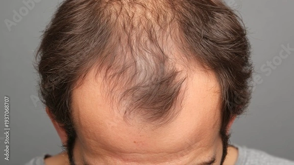 Obraz 薄くなった男性の頭頂部の髪の毛。育毛や薄毛対策のイメージ素材。