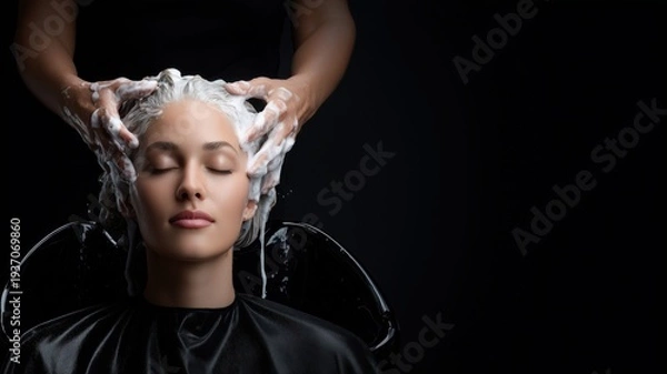 Obraz リラックスした女性のヘッドスパ施術シーン。美容室やヘアケア関連の広告素材向けイメージ。