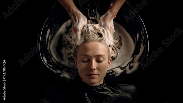 Obraz 心地よいヘッドスパの瞬間。美容室やリラクゼーションのイメージ素材。