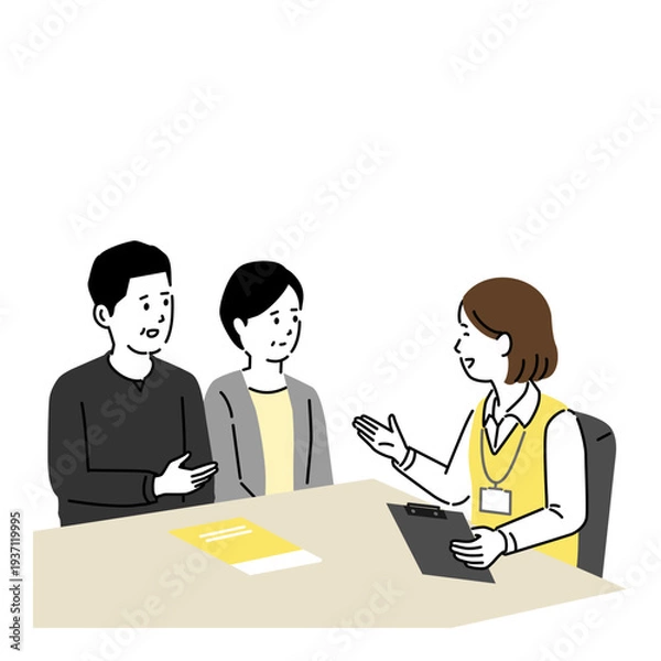 Obraz ケアマネジャーの説明を受ける中年夫婦のイラスト