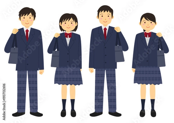 Obraz 制服を着て鞄を持つ学生のイラストのセット_紺